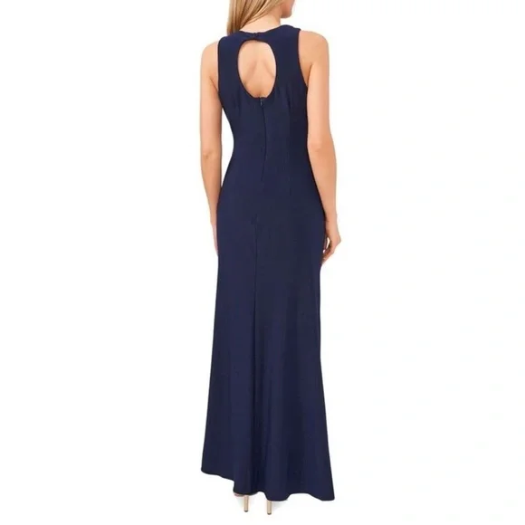 MSK Pearl Beaded Neck Size 10 Navy Blue Front Slit Full Length Gown Dress - Picture 2 of 7